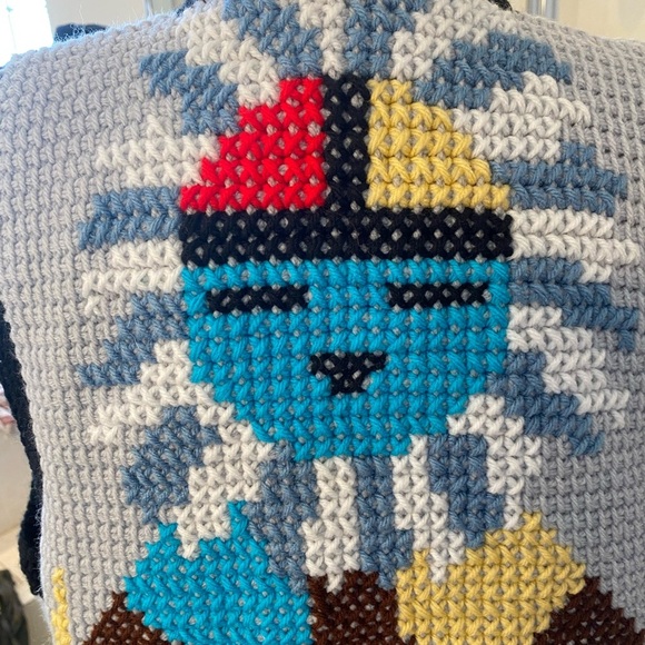 Handmade Vintage Crochet Native American Print Vest Kachina Thunderbird XL - Picture 6 of 7